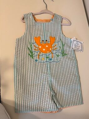 The Bailey Boys Green Stripe Crab Appliqué Kids One-Piece